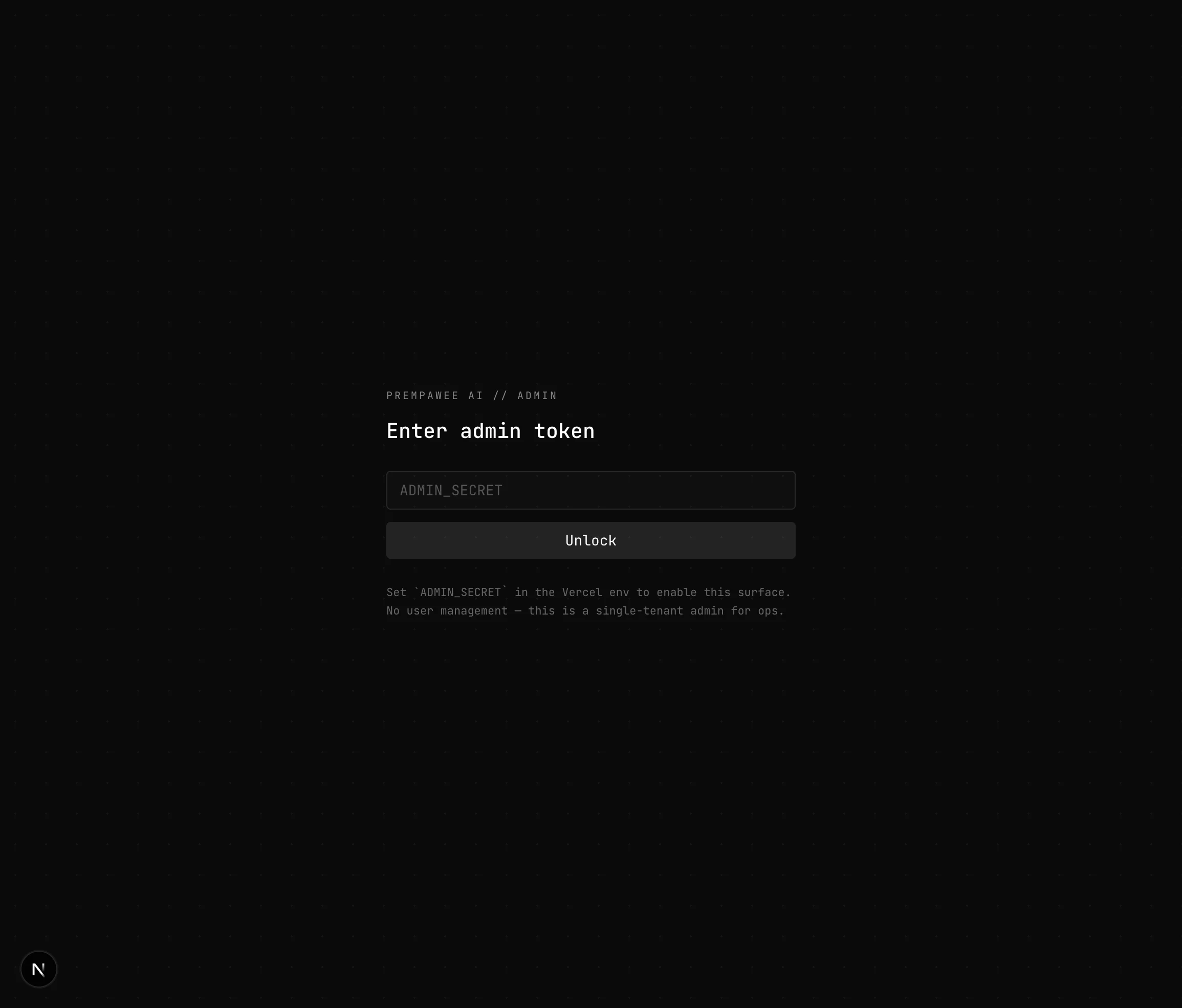 Admin login screen with password gate